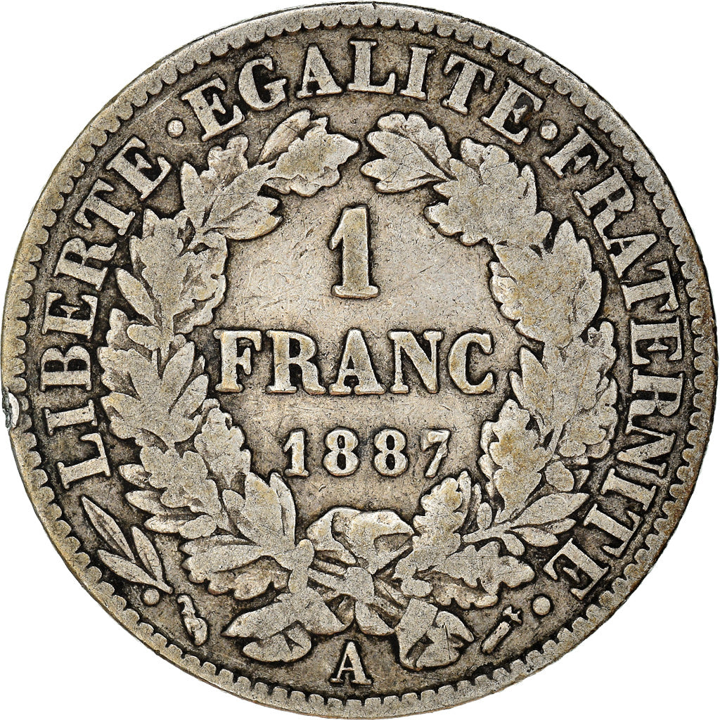 Coin, France, Cérès, Franc, 1887, Paris, VF(30-35), Silver, KM:822.1