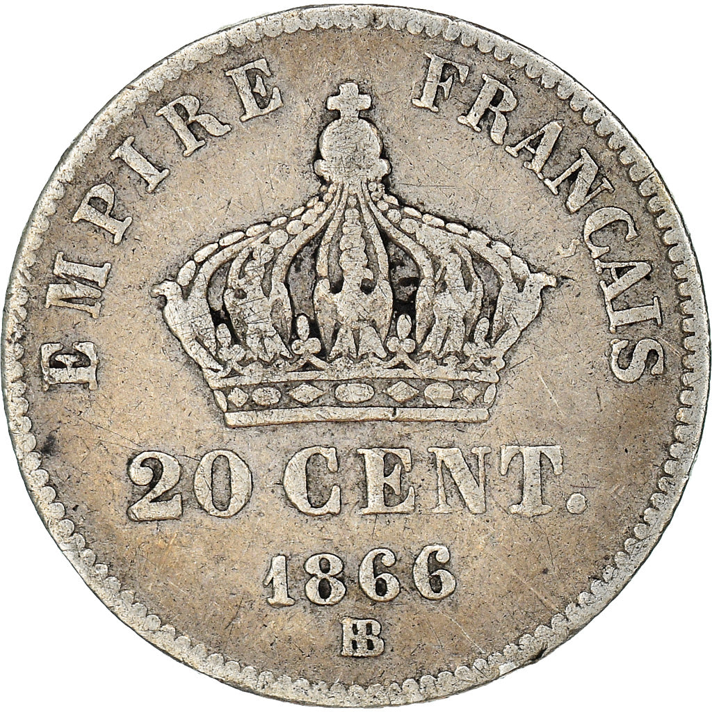 Moneda, Francia, Napoléon III, 20 Centimes, 1866, Strasbourg, BC+, Plata