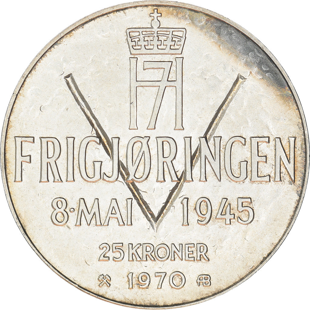 Coin, Norway, Olav V, 25 Kroner, 1970, AU(55-58), Silver, KM:414