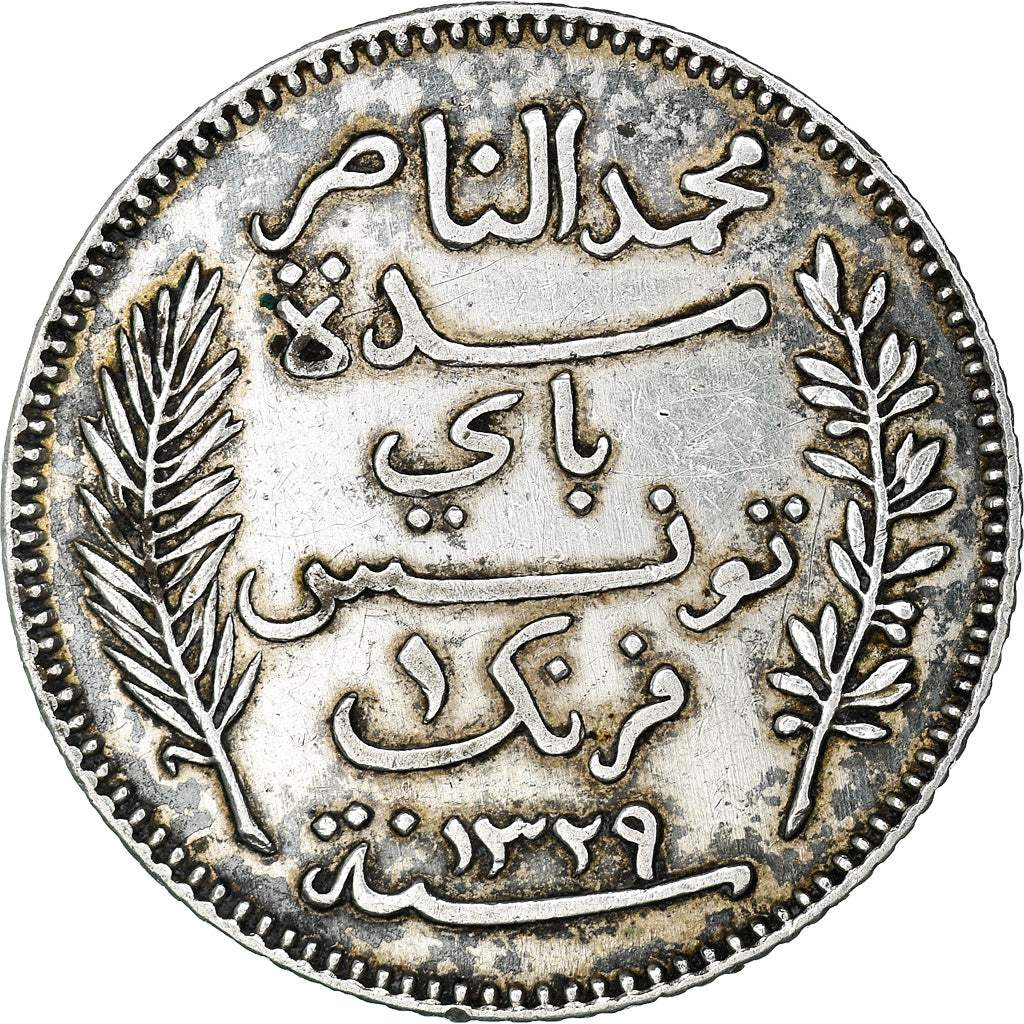 Moneta, Tunisia, Muhammad al-Nasir Bey, Franc, 1911/AH1329, Paris, EF(40-45)