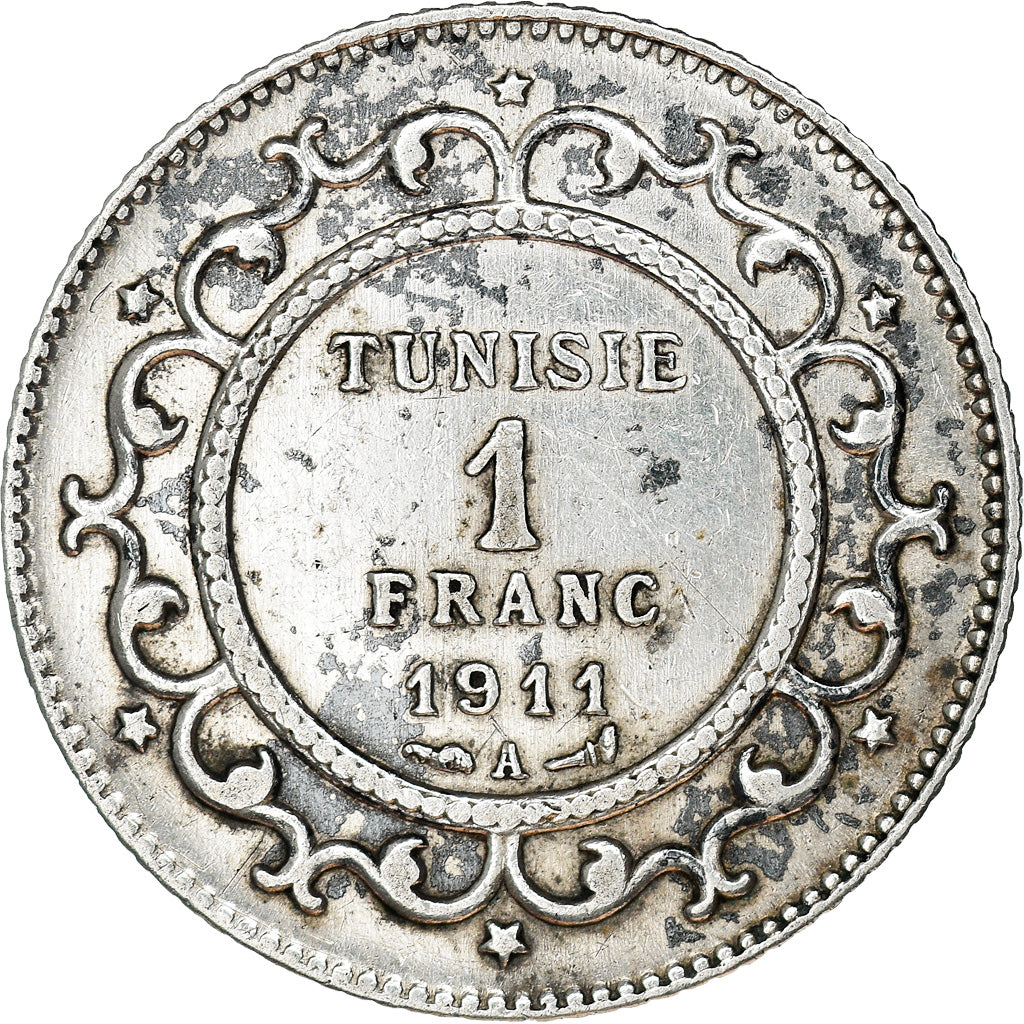 Moneta, Tunisia, Muhammad al-Nasir Bey, Franc, 1911/AH1329, Paris, EF(40-45)
