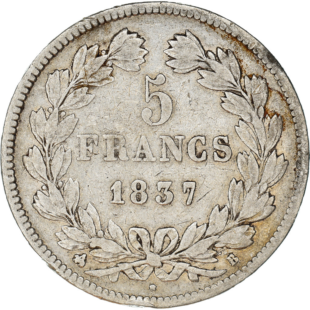 Coin, France, Louis-Philippe, 5 Francs, 1837, Rouen, VF(20-25), Silver