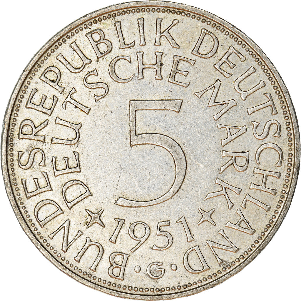 Coin, GERMANY - FEDERAL REPUBLIC, 5 Mark, 1951, Karlsruhe, AU(50-53), Silver