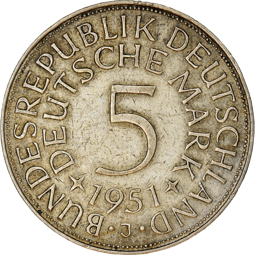 Coin, GERMANY - FEDERAL REPUBLIC, 5 Mark, 1951, Hambourg, EF(40-45), Silver