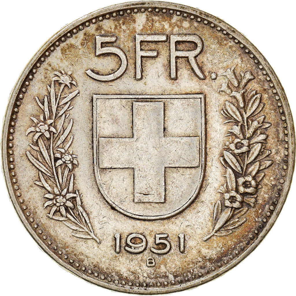 Coin, Switzerland, 5 Francs, 1951, Bern, EF(40-45), Silver, KM:40