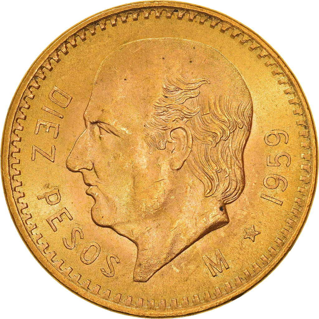 Moneda, México, 10 Pesos, 1959, Mexico City, EBC+, Oro, KM:473