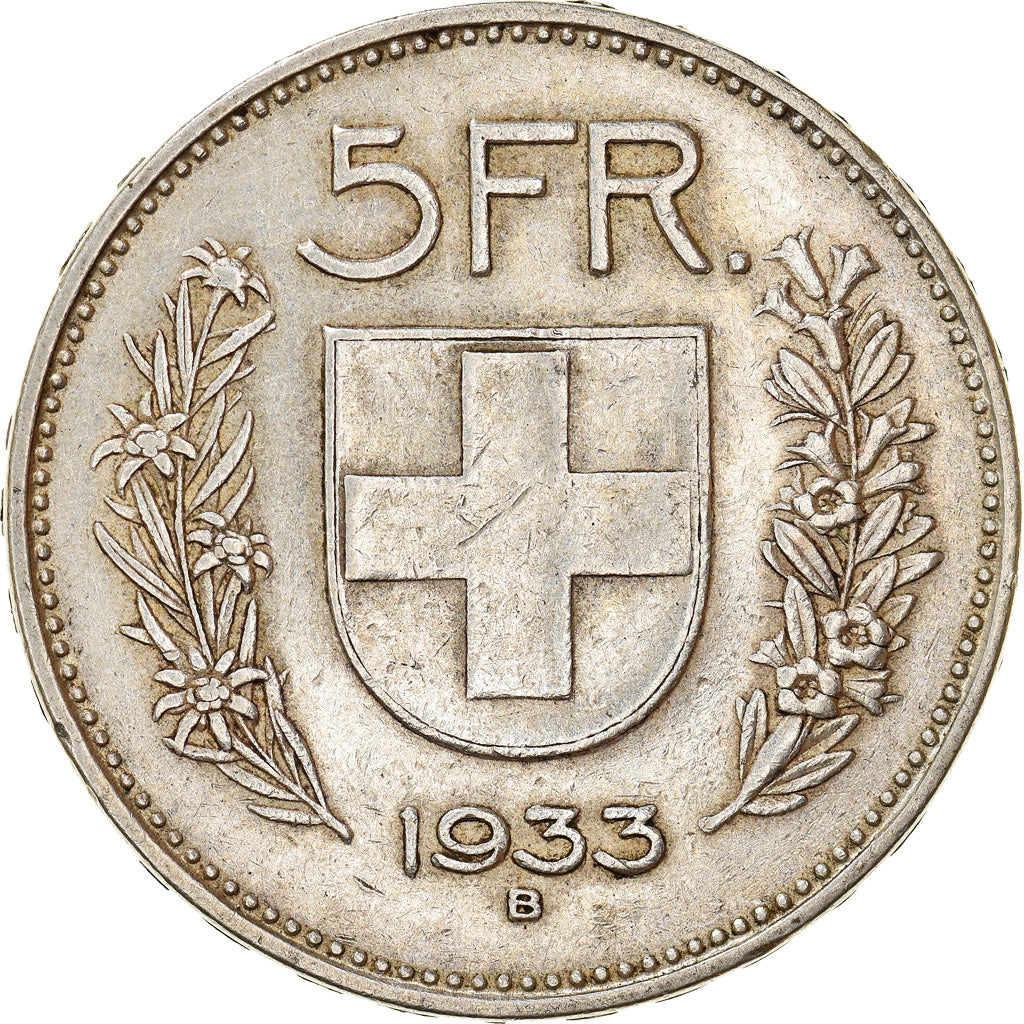 Coin, Switzerland, 5 Francs, 1933, Bern, AU(50-53), Silver, KM:40