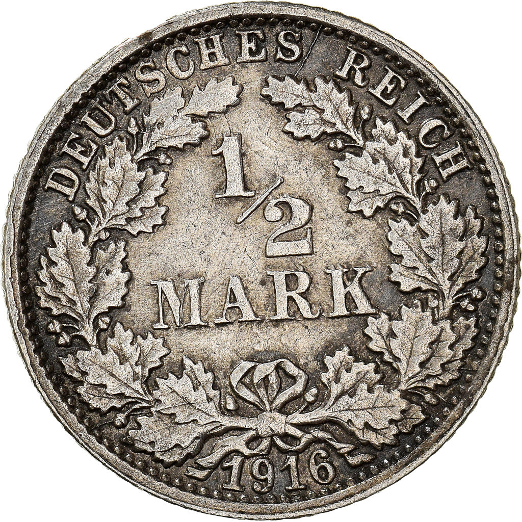 Coin, GERMANY - EMPIRE, 1/2 Mark, 1916, Stuttgart, AU(50-53), Silver, KM:17