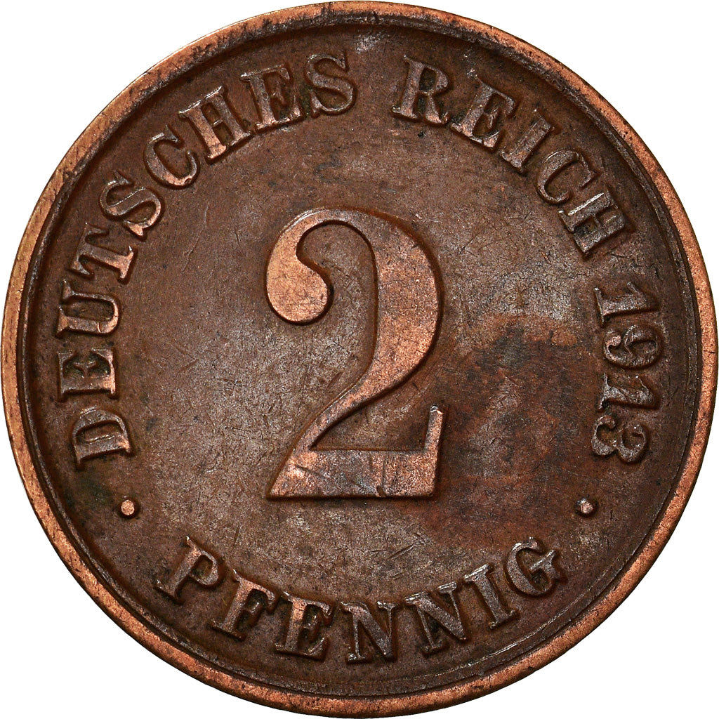 Coin, GERMANY - EMPIRE, Wilhelm II, 2 Pfennig, 1913, Munich, EF(40-45), Copper