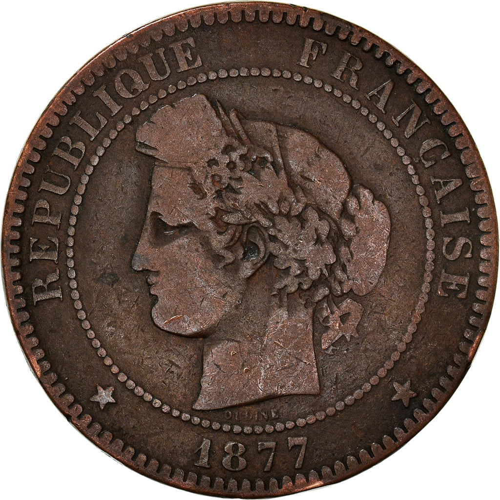 Moneta, Francia, Cérès, 10 Centimes, 1877, Bordeaux, B+, Bronzo, KM:815.2