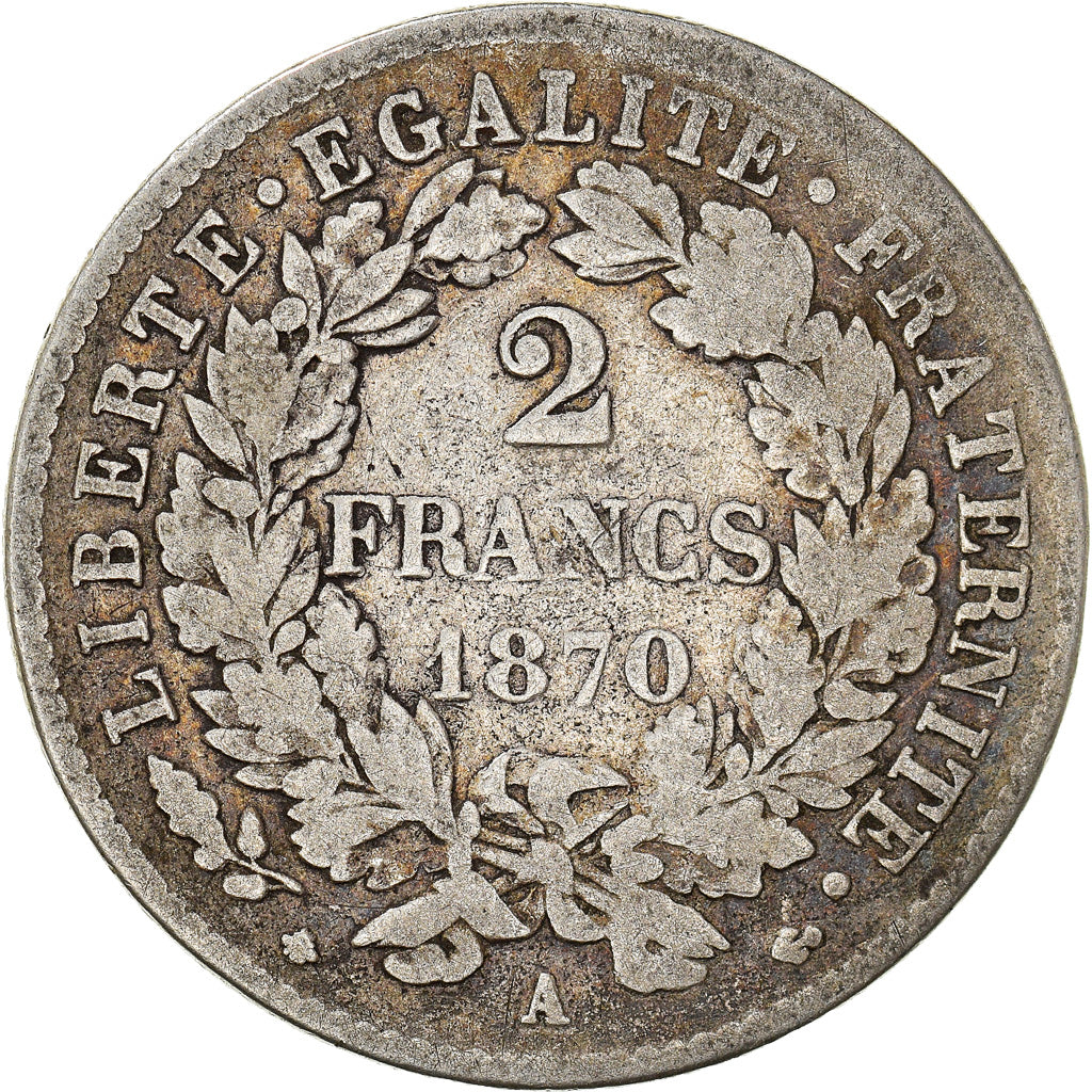 Moneta, Francia, Cérès, 2 Francs, 1870, Paris, MB, Argento, KM:817.1