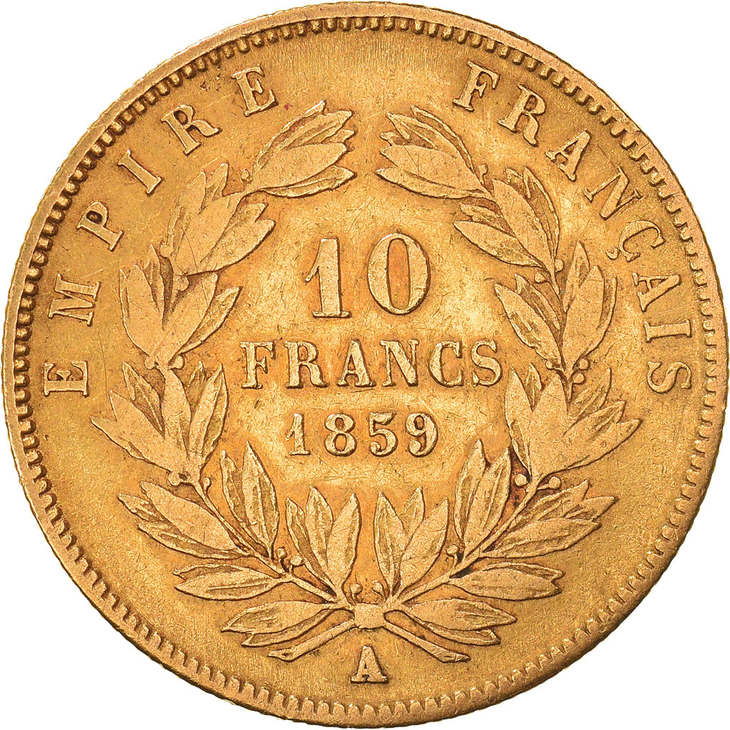 Moneta, Francia, Napoléon III, 10 Francs, 1859, Paris, MB+, Oro, KM:784.3