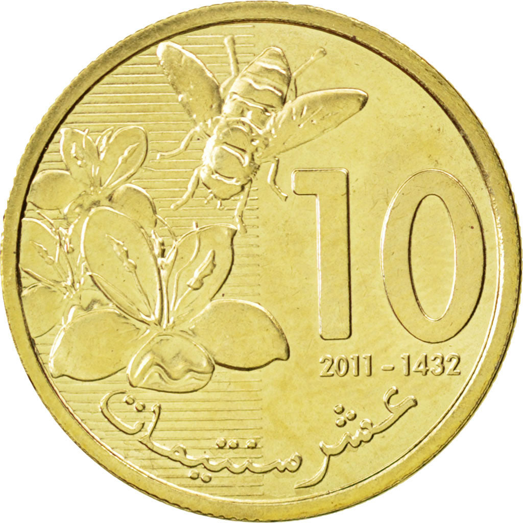 MOROCCO, 10 Santimat, 2011, KM #136, MS(63), Brass Plated Steel, 20, 3.01