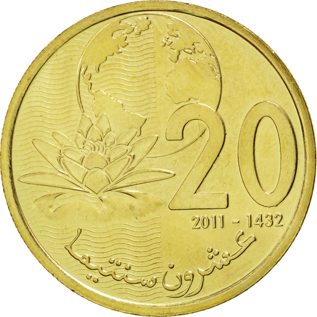 MOROCCO, 20 Santimat, 2011, KM #137, MS(63), Brass Plated Steel, 23, 3.97