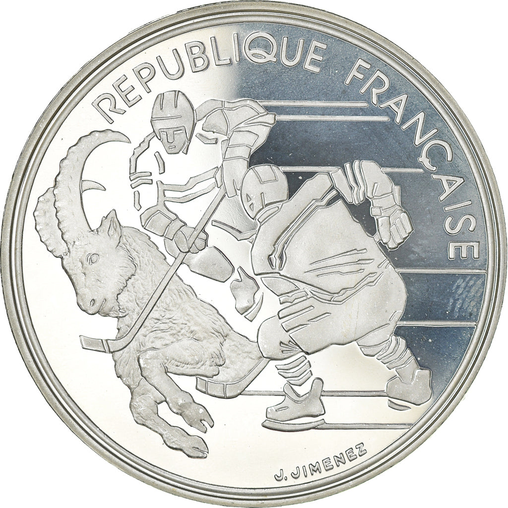 Moeda, França, Hockey sur glace, 100 Francs, 1991, MS(65-70), Prata, KM:993