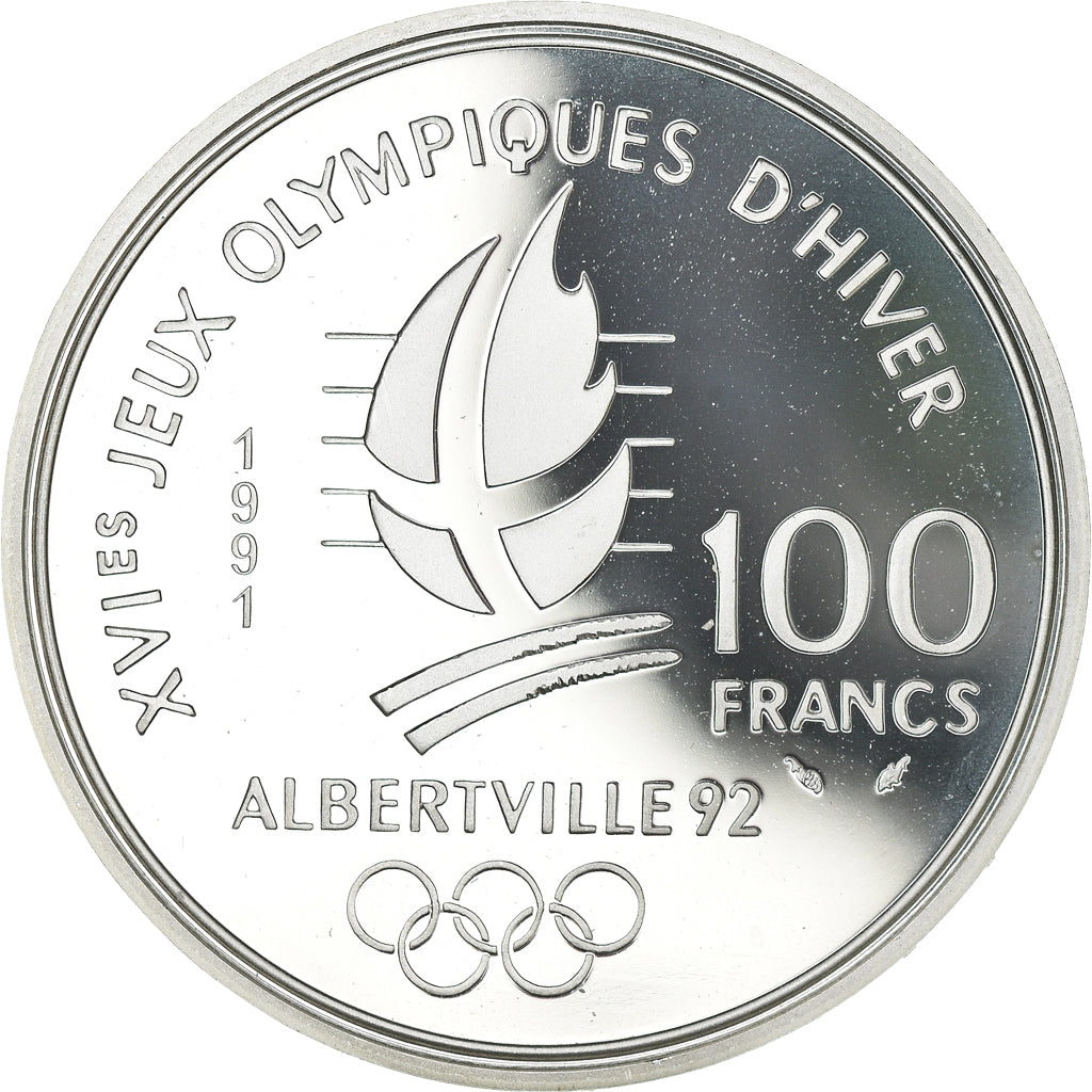 Moeda, França, Hockey sur glace, 100 Francs, 1991, MS(65-70), Prata, KM:993