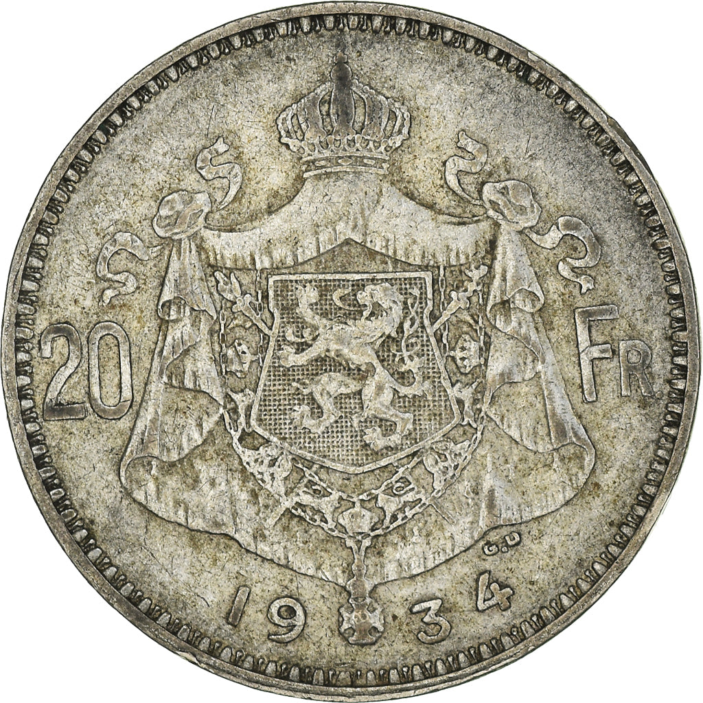 Coin, Belgium, Albert I, 20 Francs, 20 Frank, 1934, EF(40-45), Silver, KM:103.1