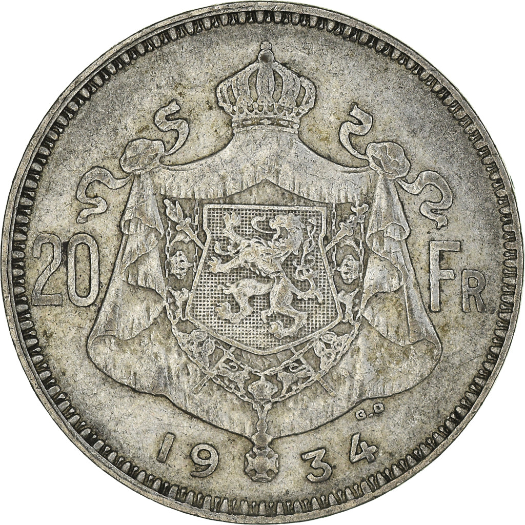Coin, Belgium, Albert I, 20 Francs, 20 Frank, 1934, EF(40-45), Silver, KM:104.1