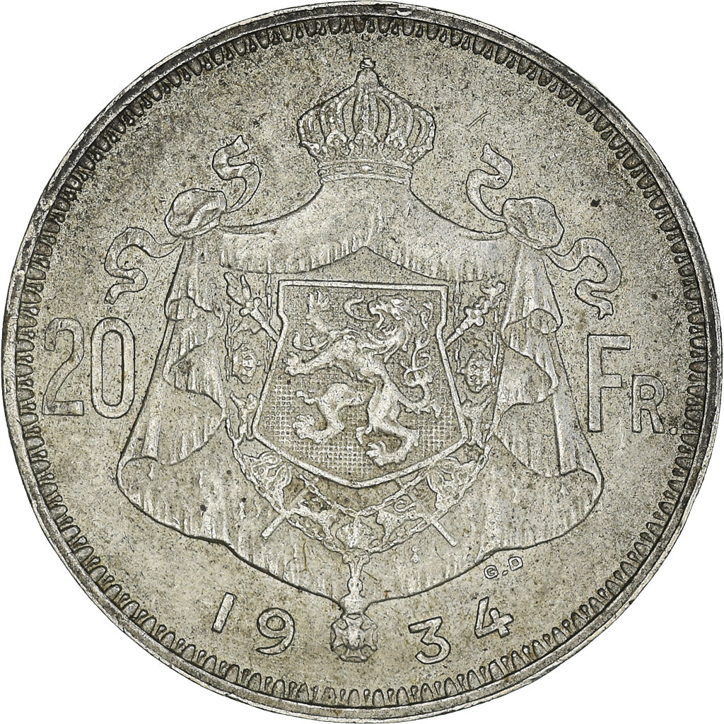 Moeda, Bélgica, Albert I, 20 Francs, 20 Frank, 1934, EF(40-45), Prata, KM:104.1