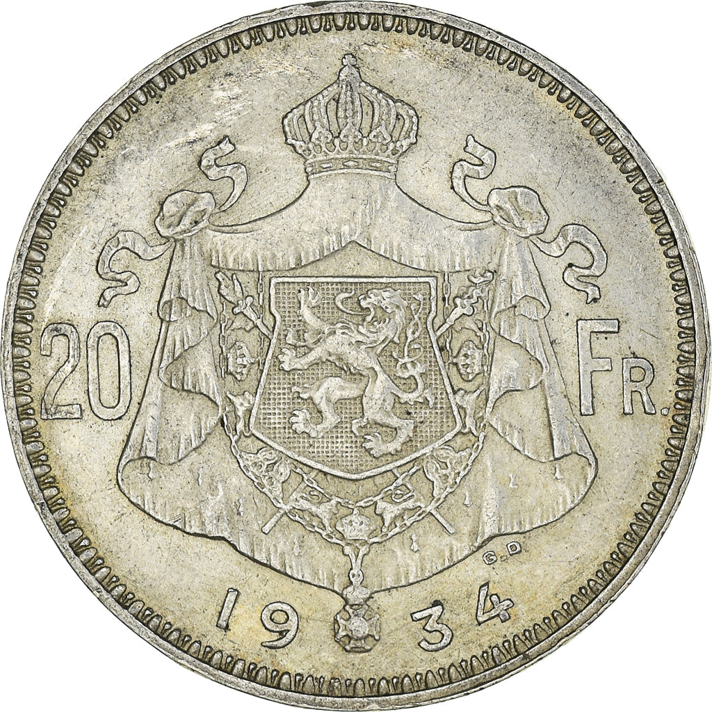 Coin, Belgium, Albert I, 20 Francs, 20 Frank, 1934, EF(40-45), Silver, KM:104.1