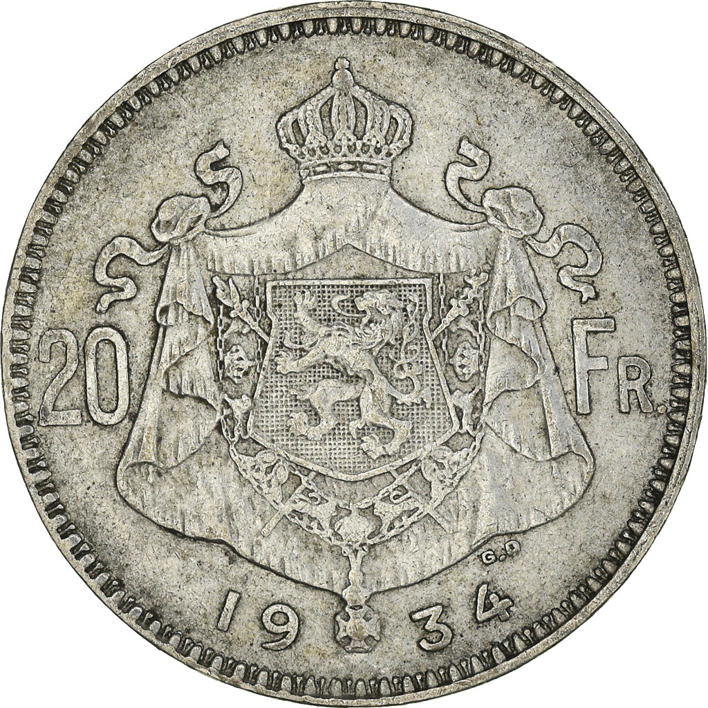 Coin, Belgium, Albert I, 20 Francs, 20 Frank, 1934, EF(40-45), Silver, KM:104.1