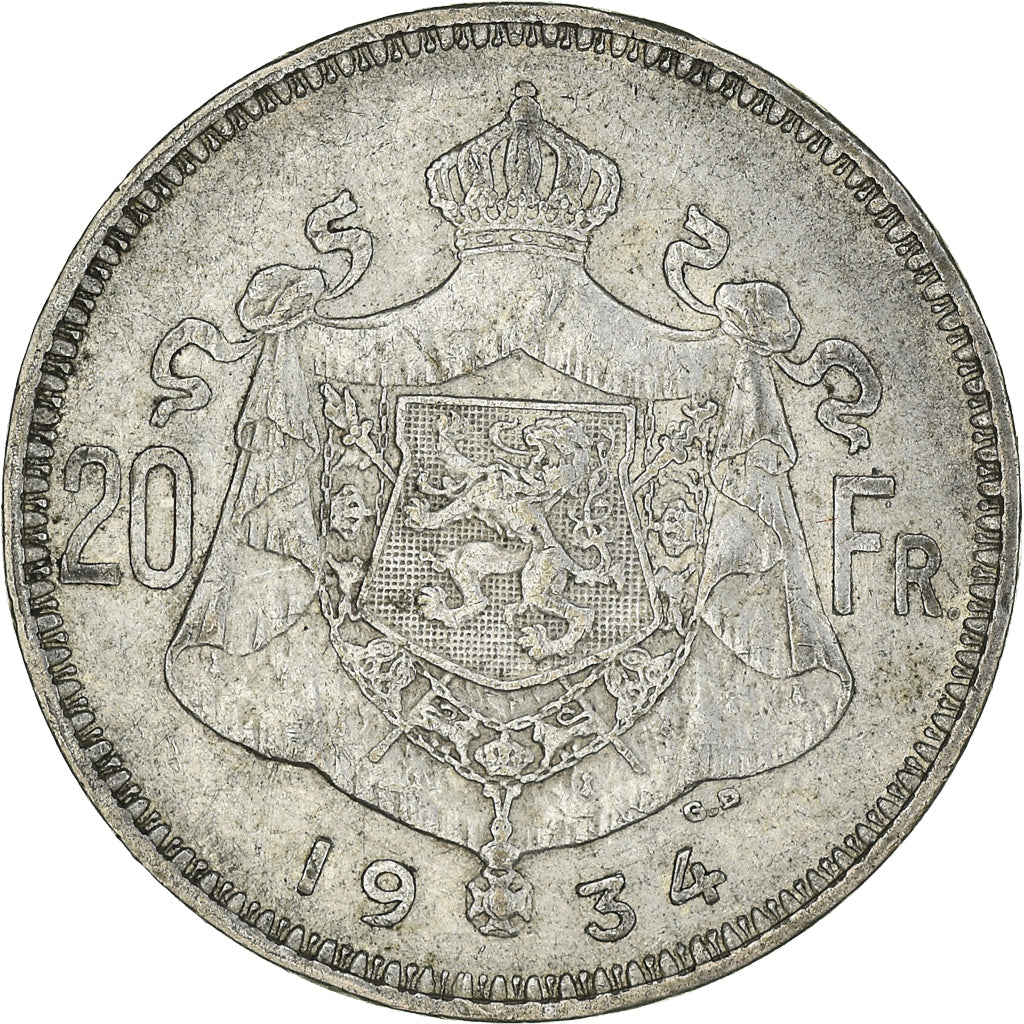 Moneta, Belgio, Albert I, 20 Francs, 20 Frank, 1934, BB, Argento, KM:104.1