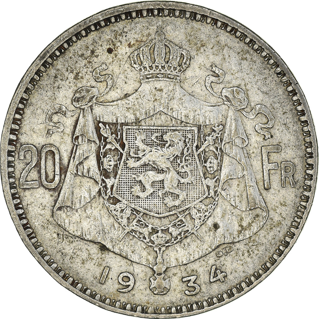 Coin, Belgium, 20 Francs, 20 Frank, 1934, EF(40-45), Silver, KM:104.1