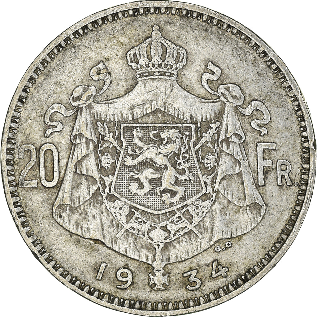 Coin, Belgium, 20 Francs, 20 Frank, 1934, EF(40-45), Silver, KM:104.1
