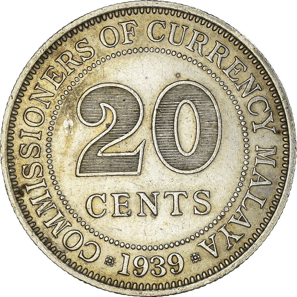 Coin, MALAYA, 20 Cents, 1939, AU(50-53), Silver, KM:5