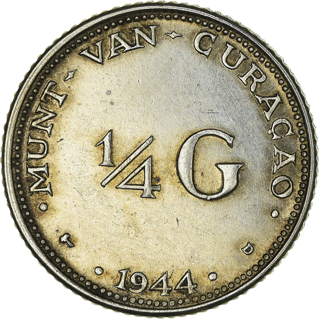 Munten, Curacao, Wilhelmina I, 1/4 Gulden, 1944, Denver, USA, ZF+, Zilver, KM:44