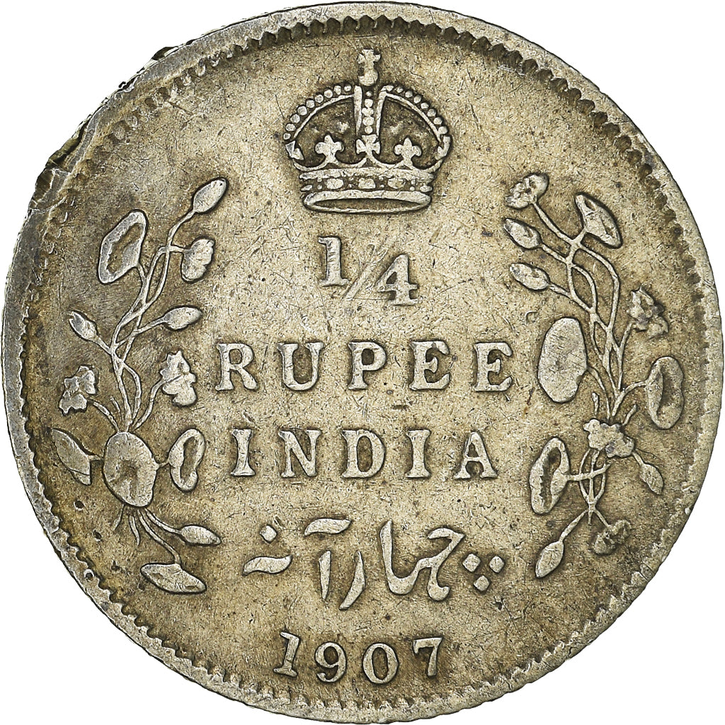 Coin, INDIA-BRITISH, Edward VII, 1/4 Rupee, 1907, Calcutta, EF(40-45), Silver