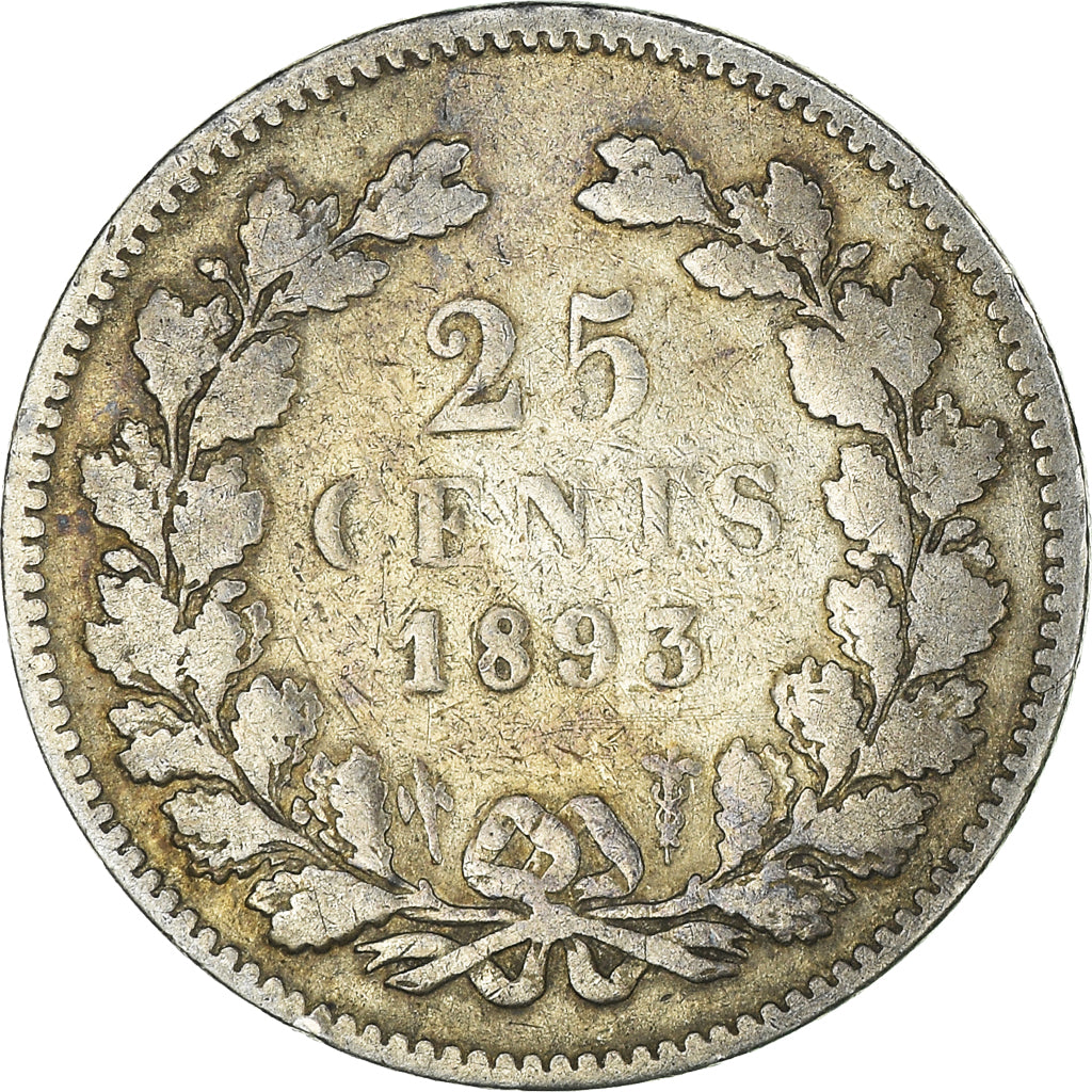 Coin, Netherlands, Wilhelmina I, 25 Cents, 1893, VF(20-25), Silver, KM:115