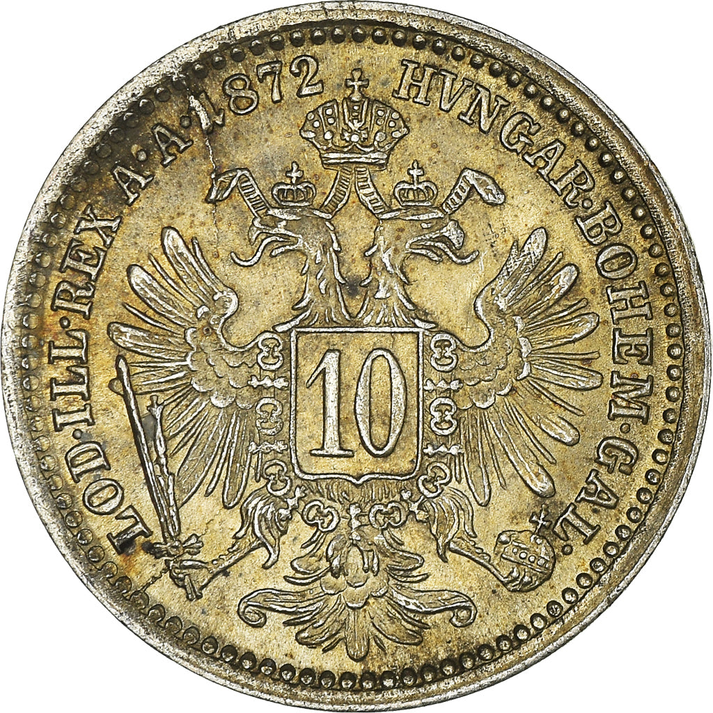 Moeda, Áustria, Franz Joseph I, 10 Kreuzer, 1872, AU(55-58), Prata, KM:2206