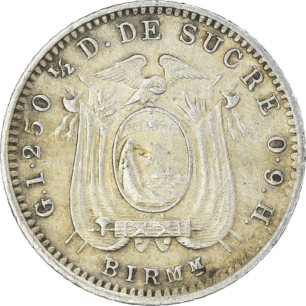 Coin, Ecuador, 1/2 Decimo, Medio, 1915, Heaton, Birmingham, AU(50-53), Silver