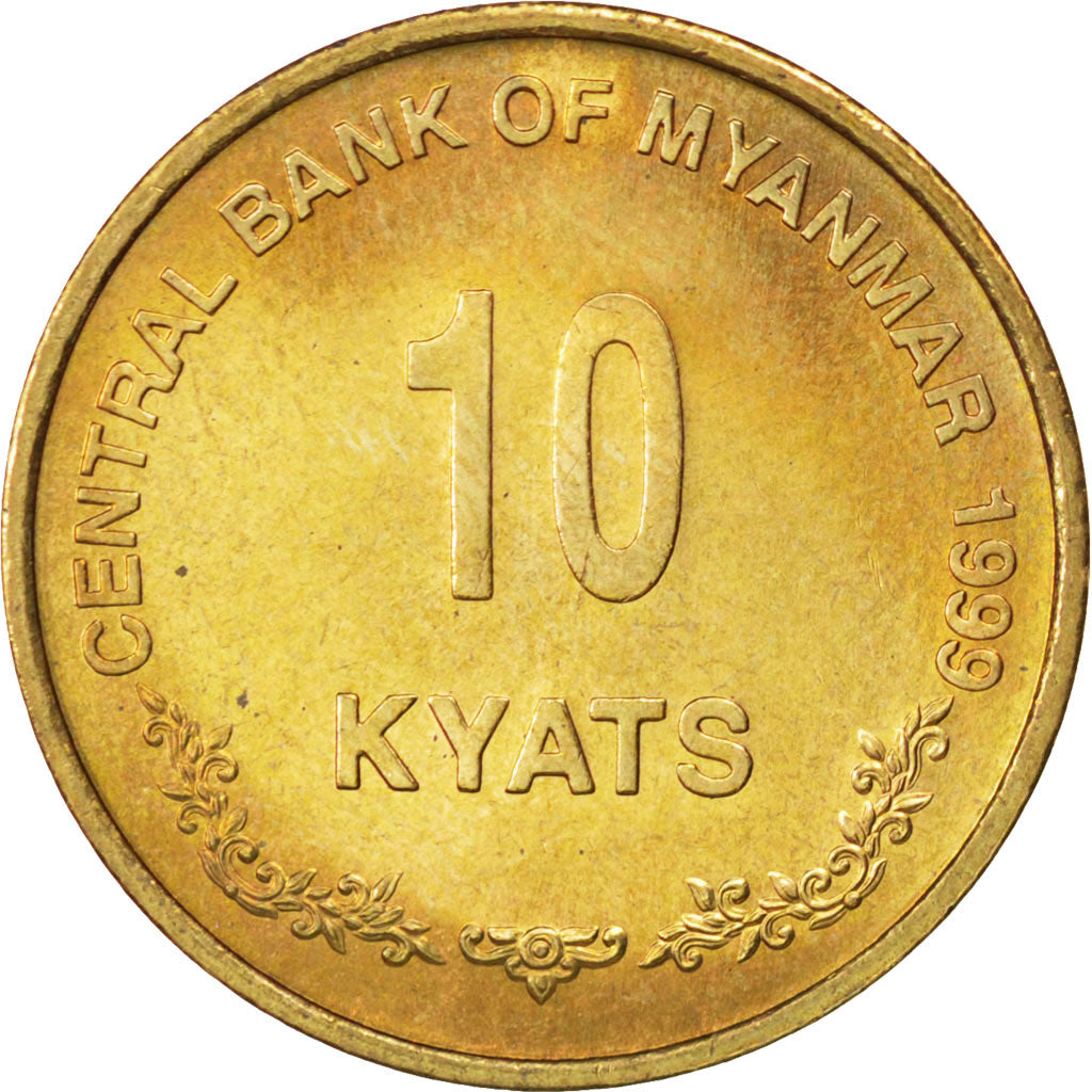 MYANMAR, 10 Kyats, 1999, KM #62, MS(63), Brass, 4.23