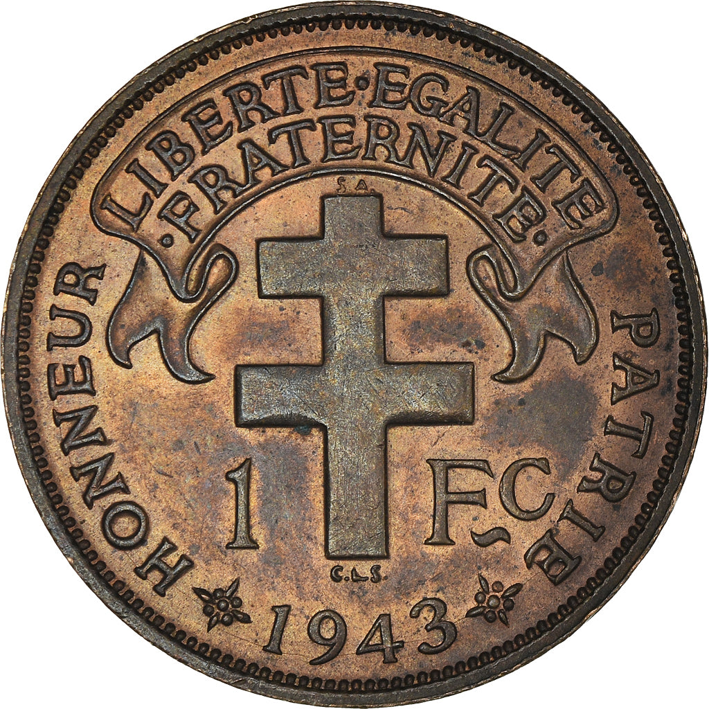 Coin, French Equatorial Africa, Franc, 1943, Pretoria, AU(55-58), Bronze, KM:2a