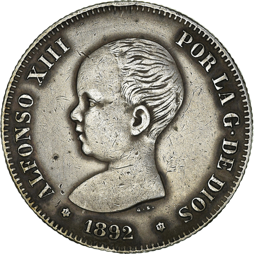Coin, Spain, Alfonso XIII, 2 Pesetas, 1892, Madrid, EF(40-45), Silver, KM:692