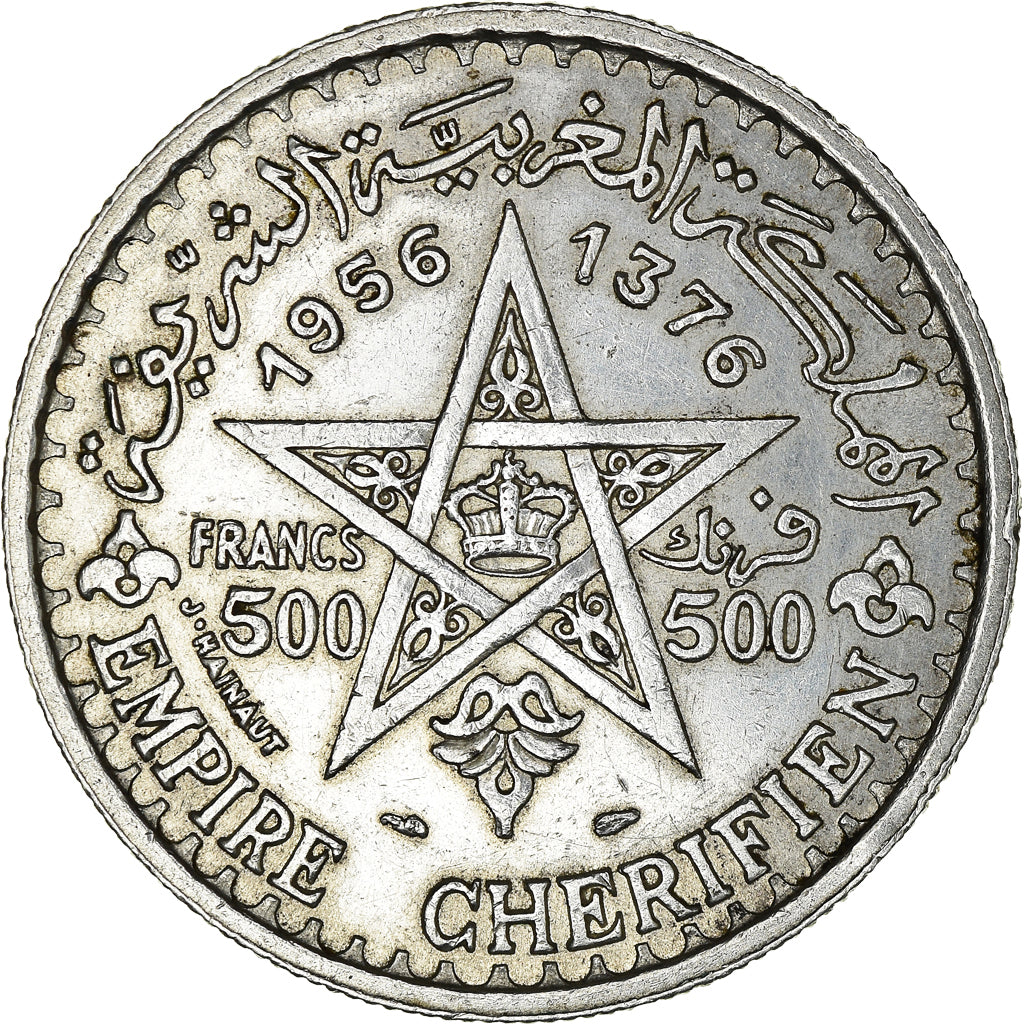 Coin, Morocco, Mohammed V, 500 Francs, 1956, Paris, AU(55-58), Silver, KM:54
