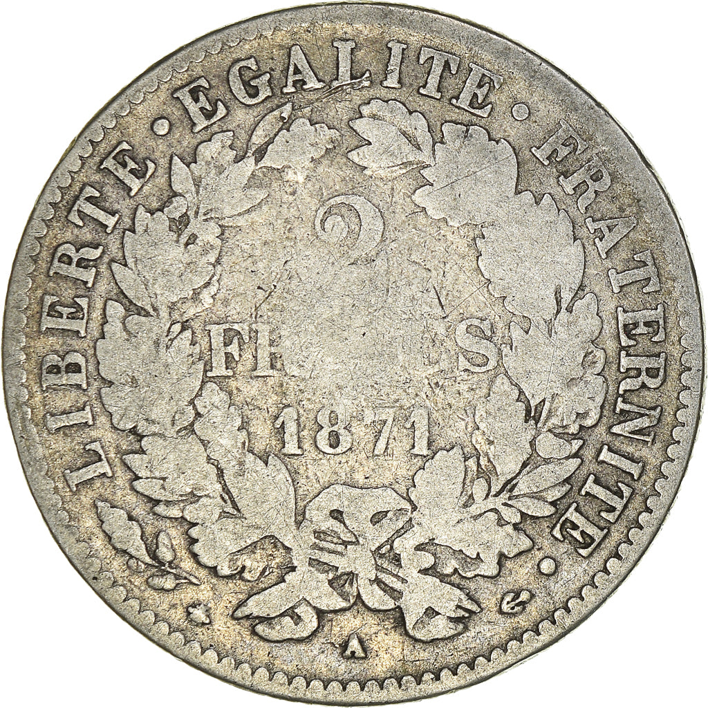 Coin, France, Cérès, 2 Francs, 1871, Paris, VG(8-10), Silver, KM:817.1
