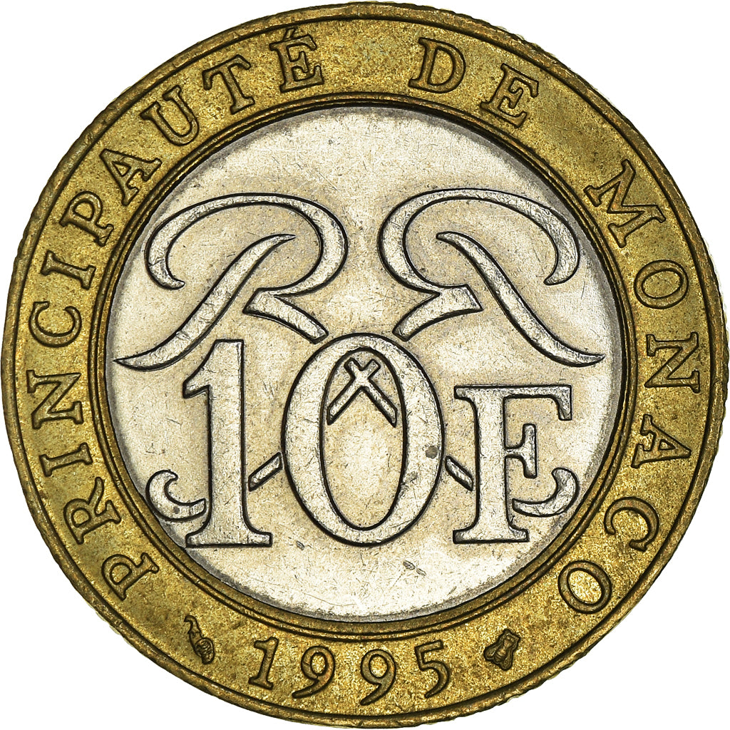 Moeda, Mónaco, Rainier III, 10 Francs, 1995, AU(50-53), Bimetálico, KM:163