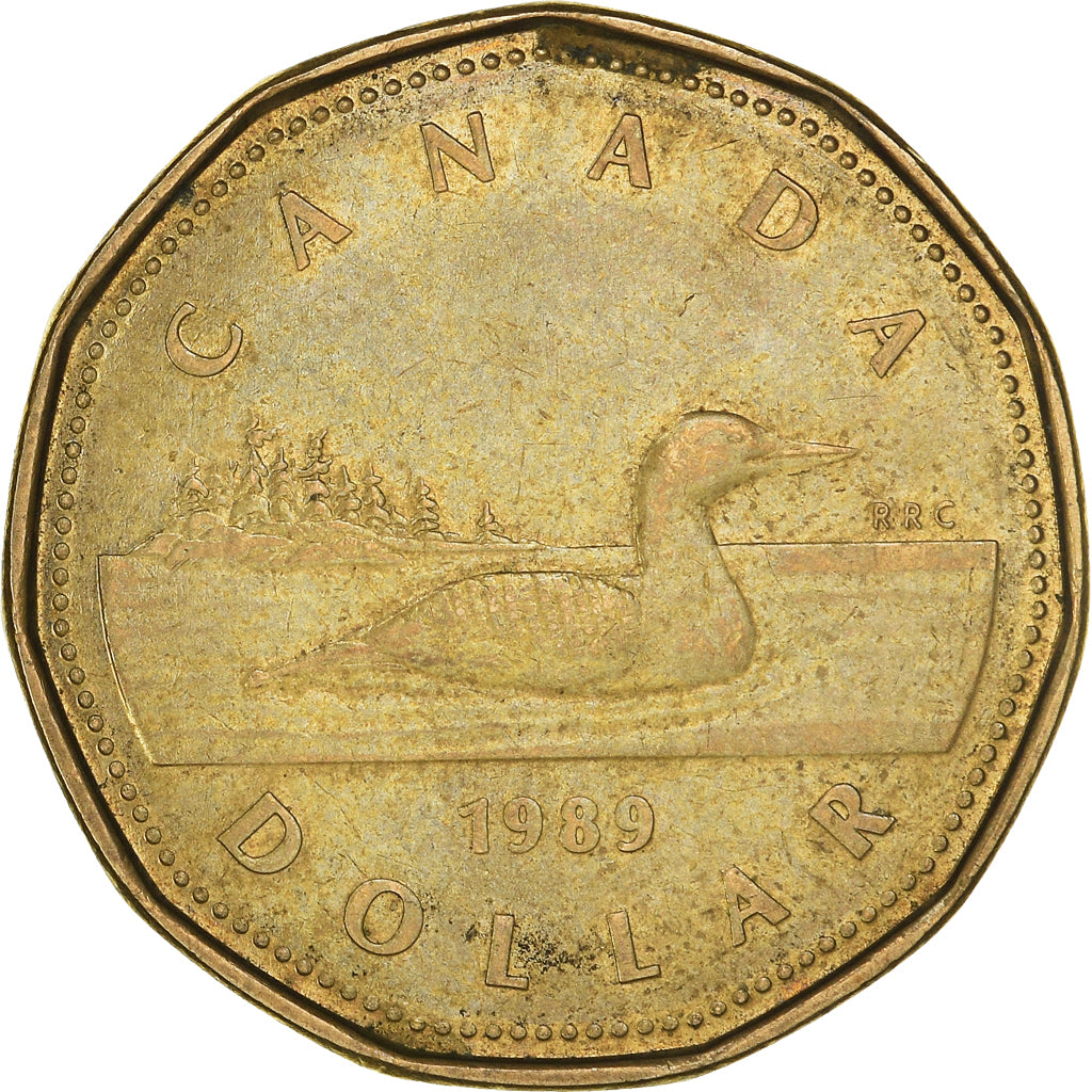 Moneda, Canadá, Elizabeth II, Dollar, 1989, Ottawa, MBC, Bronce dorado chapado