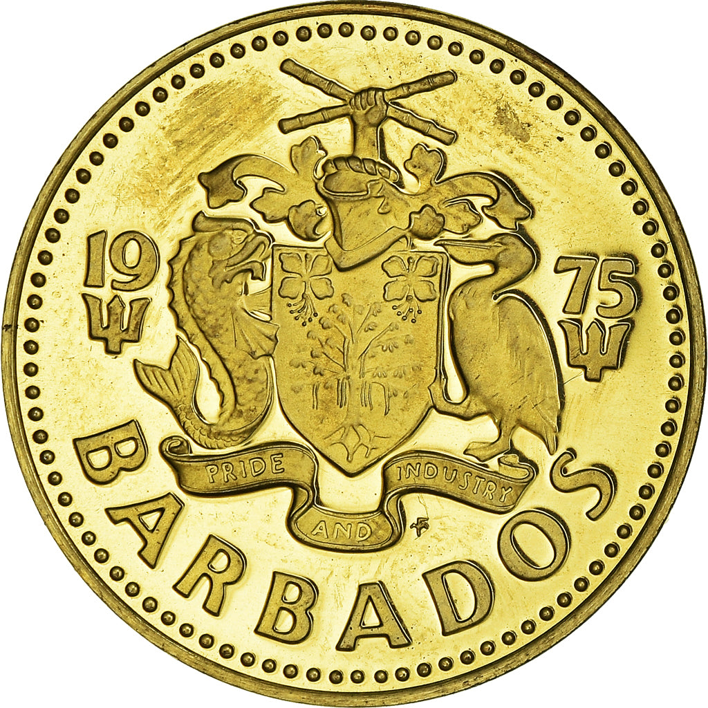 Coin, Barbados, 5 Cents, 1975, Franklin Mint, Proof, MS(65-70), Brass, KM:11