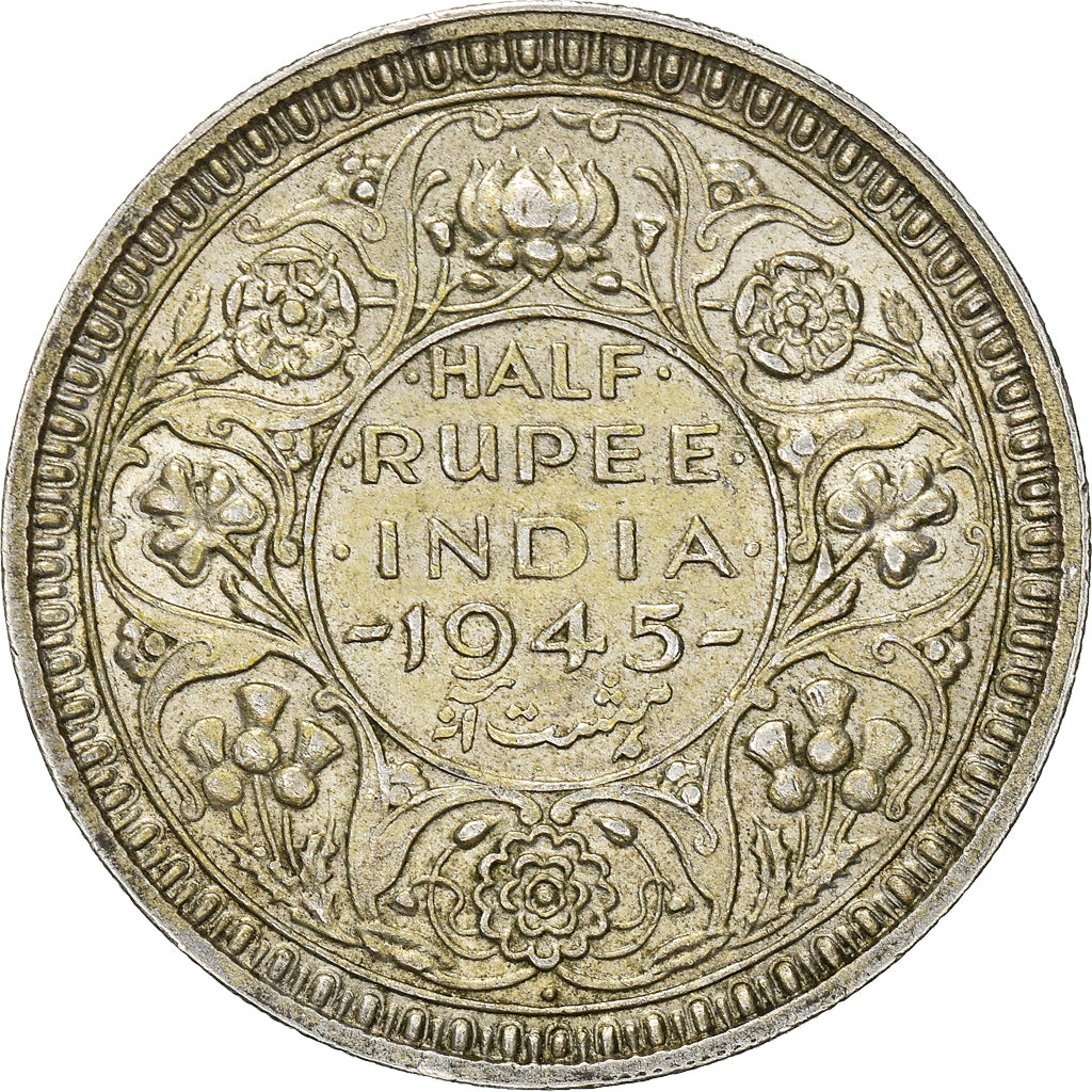 Coin, INDIA-BRITISH, George VI, 1/2 Rupee, 1945, EF(40-45), Silver, KM:552