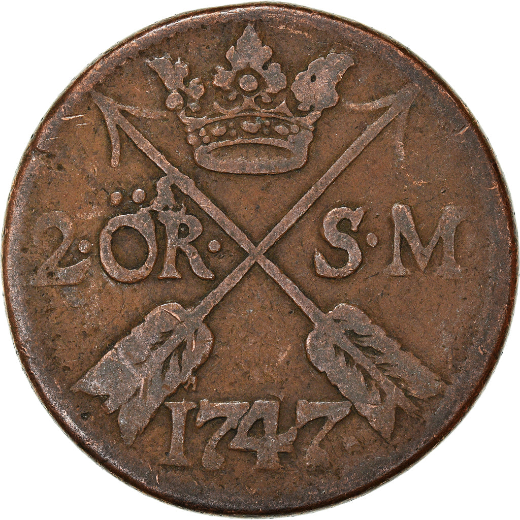 Munten, Zweden, Frederick I, 2 Ore, S.M., 1747, FR+, Koper, KM:437