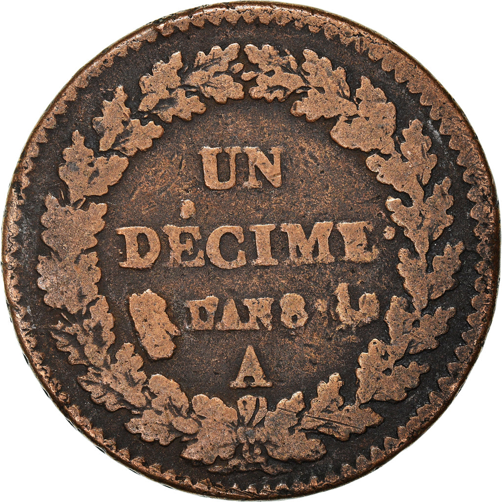 Monnaie, France, Dupré, Decime, AN 8 (1799-1800), Paris, TB+, Bronze