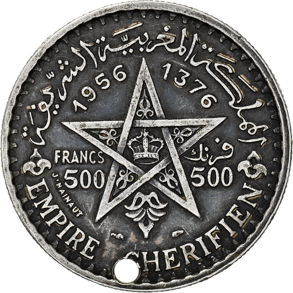Coin, Morocco, Mohammed V, 500 Francs, 1956/AH1376, Paris, EF(40-45), Silver
