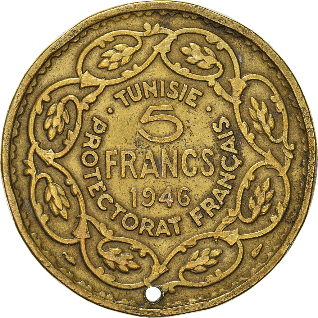 Coin, Tunisia, Muhammad al-Amin Bey, 5 Francs, 1946, Paris, EF(40-45)