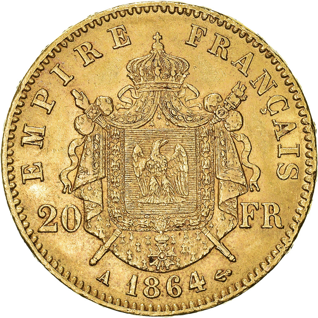 Moeda, França, Napoleon III, 20 Francs, 1864, Paris, AU(50-53), Dourado