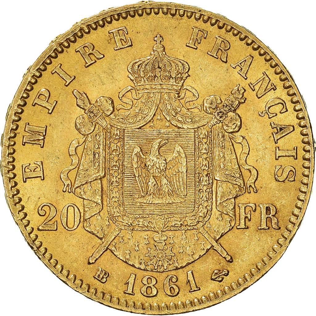 Munten, Frankrijk, Napoleon III, 20 Francs, 1861, Strasbourg, ZF+, Goud