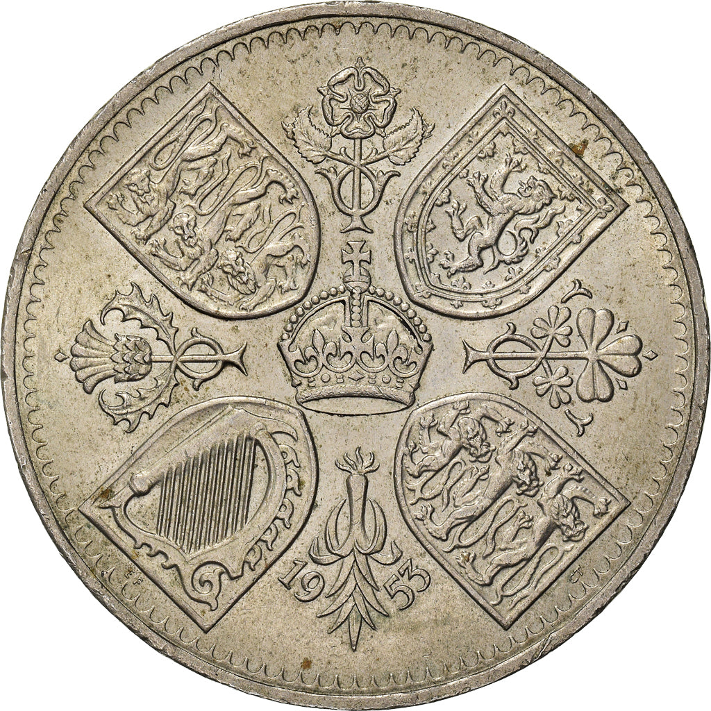 Coin, Great Britain, Elizabeth II, Crown, 1953, AU(50-53), Copper-nickel, KM:894